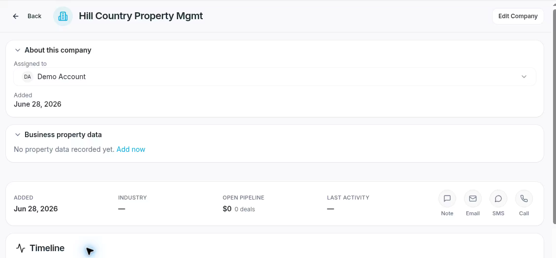 The company record groups basic information and property details.