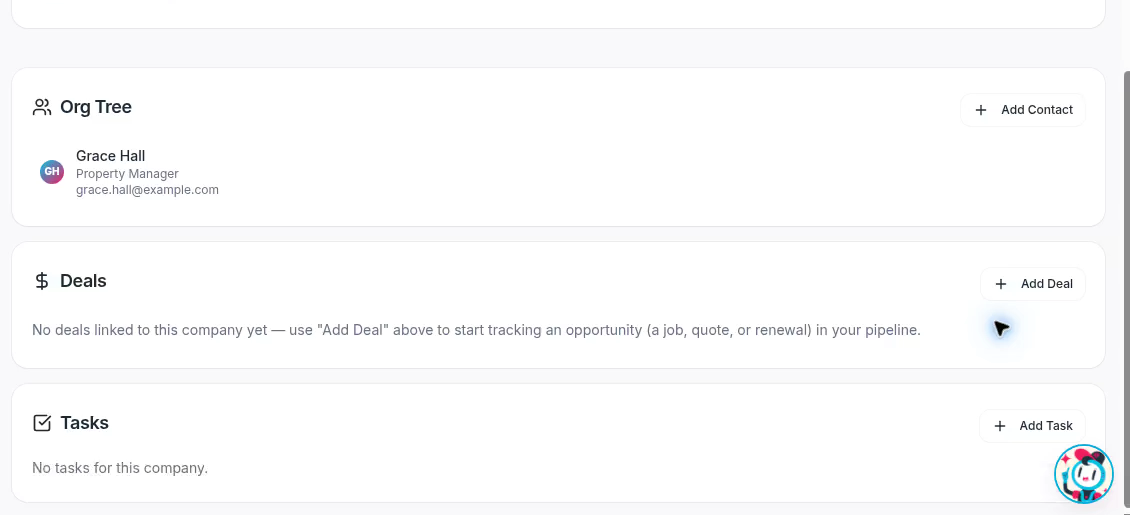 Org Tree shows linked people; Deals and Tasks appear below it.