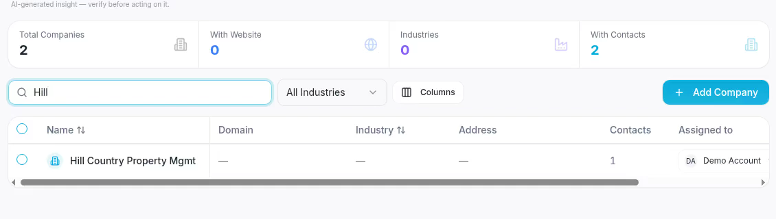 Search narrows the company list as you type.