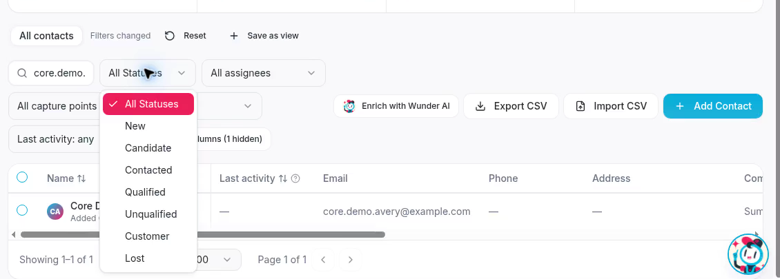 Search and status filters work together to narrow the contact list.