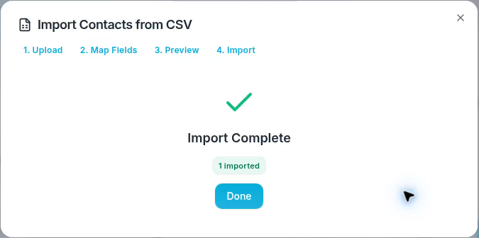The example finishes with one contact imported.
