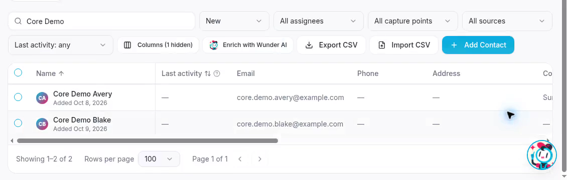 Export CSV follows the contacts that match the current filters.