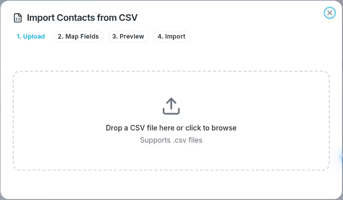 The wizard moves through Upload, Map Fields, Preview, and Import.