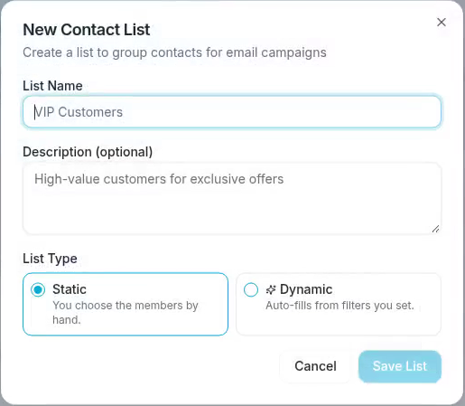 New Contact List lets you name the list and choose its membership type.