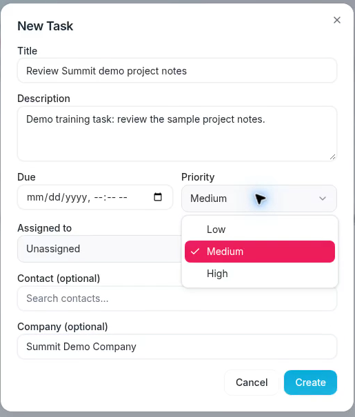 Review the title, priority, assignee, and company before selecting Create.