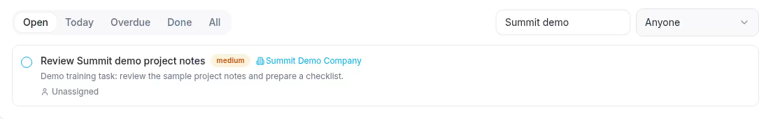 The saved open task shows its updated description and linked company.