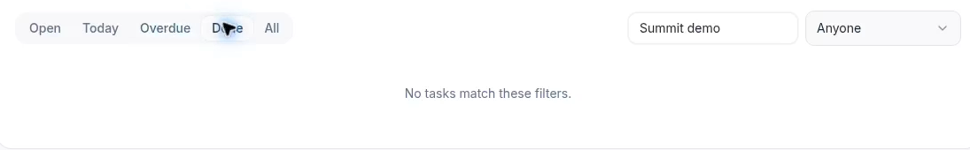 Done shows matching completed tasks. This search currently has none.
