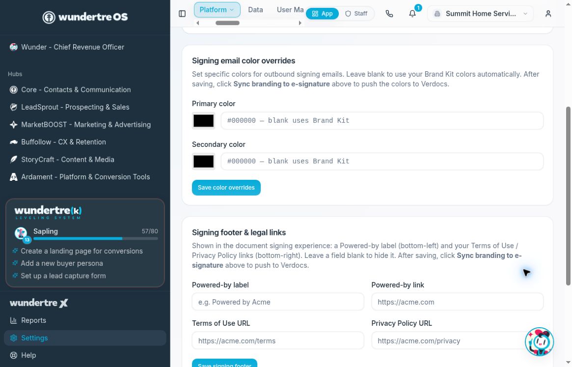 Review the signing color overrides and footer fields. Save each section separately.