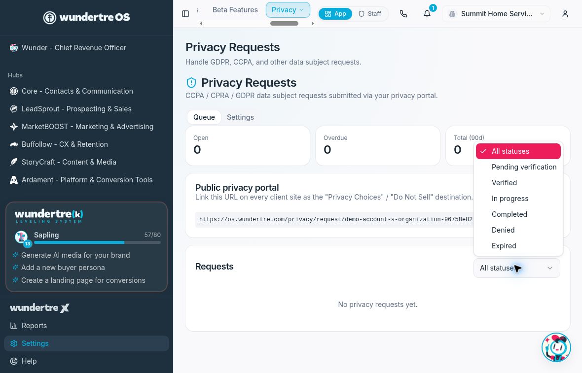 Use the status filter to narrow the queue. The example has no requests.