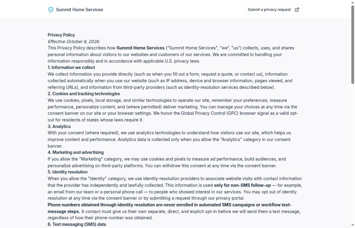 Generated privacy policy showing Summit Home Services