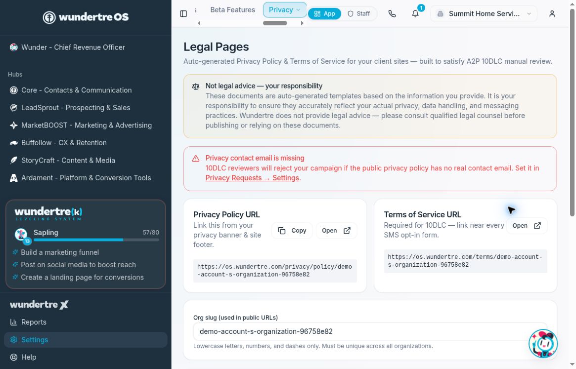 Legal Pages with Privacy Policy URL and Terms of Service URL cards