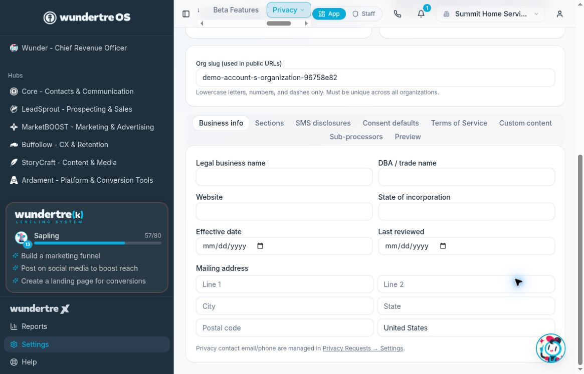 Legal Pages Business info tab