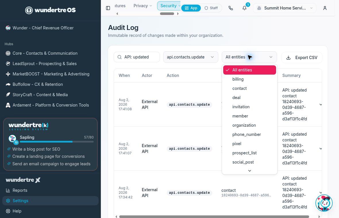 Combine entity and action filters with search before exporting the matching rows.
