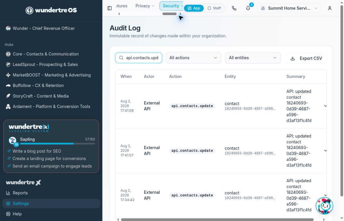 Search and filters narrow the loaded audit events. The example contains External API demo activity.