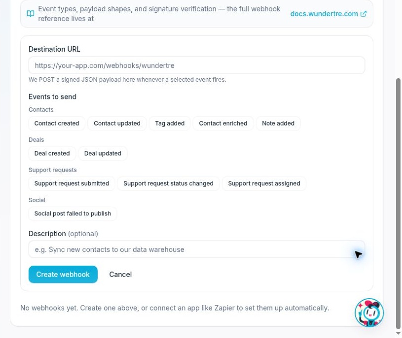 Scroll to review Support requests, Social and the optional Description field.