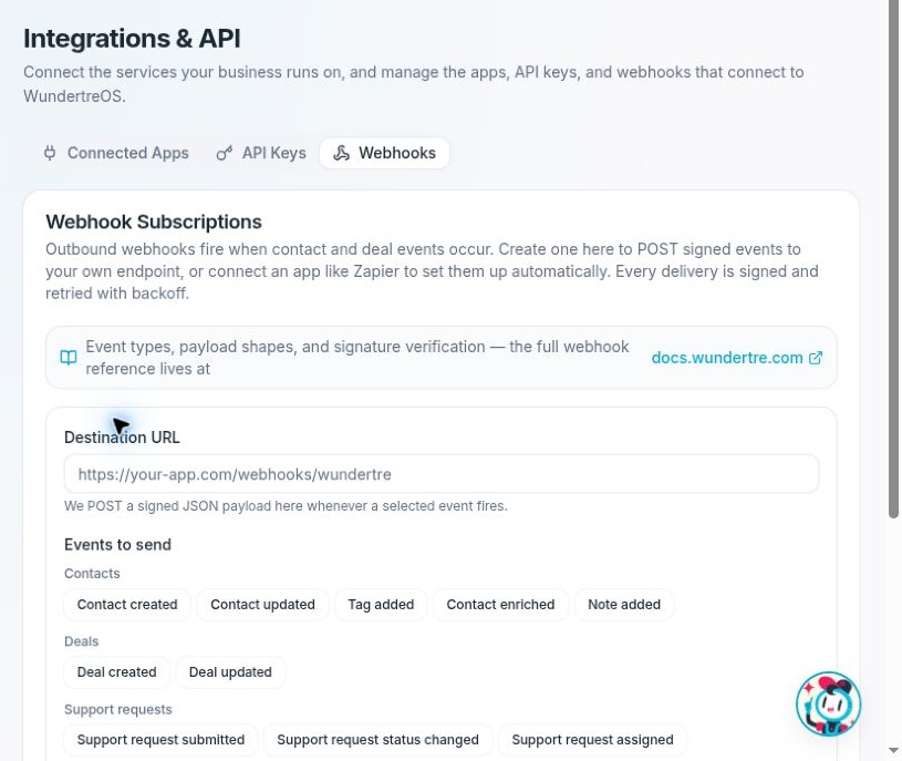 Review Destination URL and Events to send before creating a subscription.