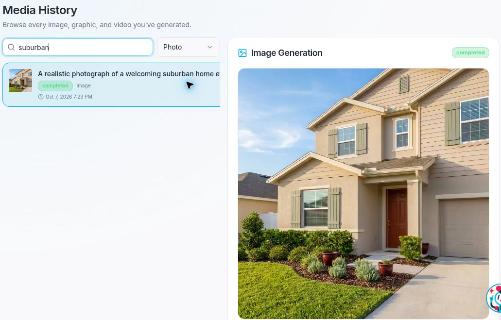 Media History with suburban in the prompt search field, Photo selected, and a completed home image preview.