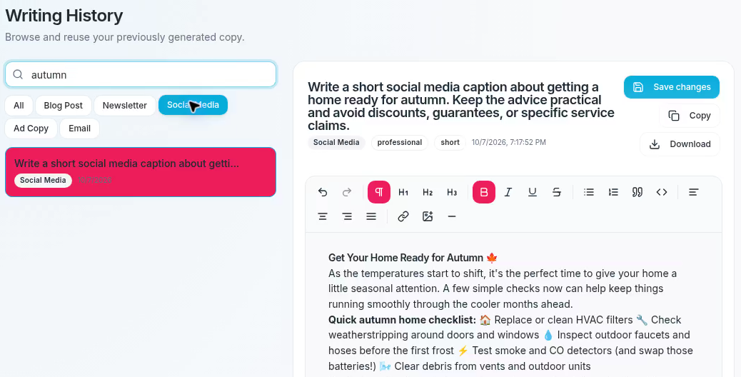 Writing History with autumn in the search field, Social Media selected, and the matching prompt and generated writing open beside the Copy button.