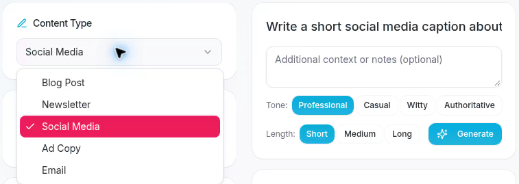 Writer settings showing Social Media selected in Content Type, Professional tone, Short length, and the Generate button.