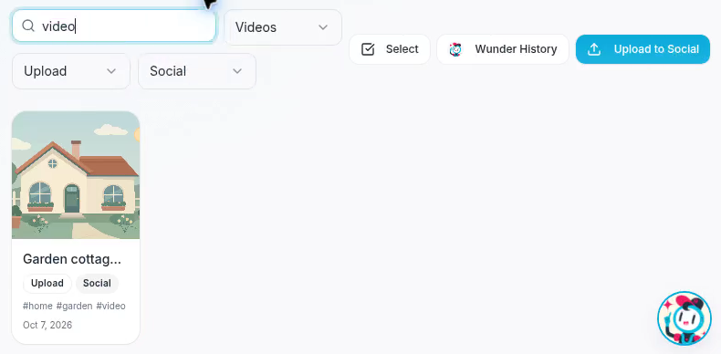 Media Library search set to video with Videos type, Upload source, and Social folder filters; the garden cottage video card shows Upload, Social, and home garden video tags.